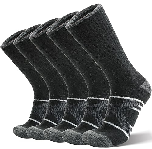 ANTSANG Merino Wool Socks for Men & Women Thermal Winter Hiking Warm Thick Crew Cozy Boot Work Gift Socks Stocking Stuffers 5 Pairs (Black,L)