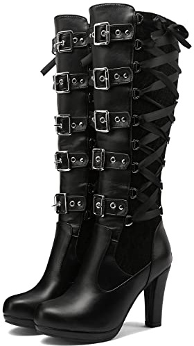KysBloes Women Lace Goth Knee High Boots Buckle Block Heel Lace Up Knee Length Boots Punk Platform Tall Boot(Black,US size 8)