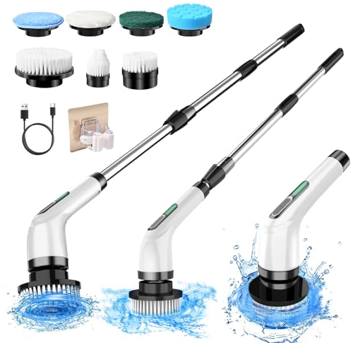 Elektrische Reinigungsbürste Haushalt, Power Spin Scrubber mit 7 Reinigungsköpfen IPX7 Wasserdicht, Verstellbarem Griff Elektrische Putzbürste 25-140CM für Badezimmer, Toilette, Boden, Badewanne