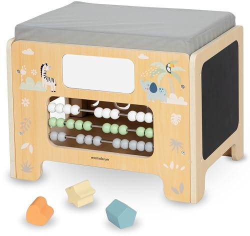 mamabrum Mesa Educativa Montessori - Juguetes para Niños con Asiento Blando 42x30cm - Juguete Niña con Ábaco, Pizarra y Espejo - Banco Almacenamiento Figuras Animales
