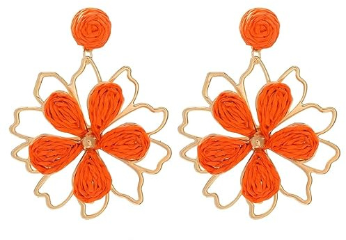 Niedliche Raffia Blumen Ohrringe Elegante Boho Handmade Floralschmuck Sommertropische Strandgeschenke (Orange)