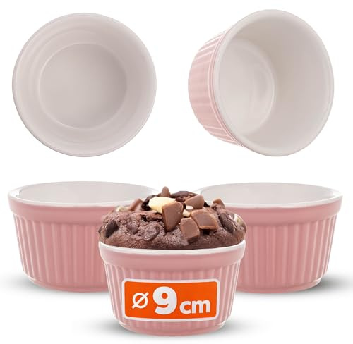 KADAX Lot de 3 moules à soufflé - Diamètre : 9 cm - Petits moules à crème brûlée en céramique pour crème brûlée, soufflé et ragoût fin (rose)