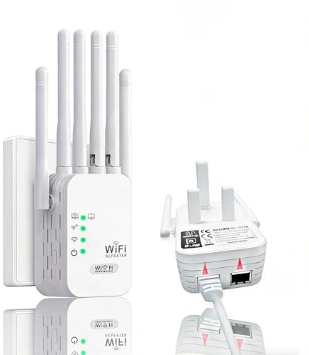 WiFi Extender Booster,WiFi Repeater,Covers Up to 10000 Sq.ft and 50 Devices,Repeater/Router/Ap Mode,WiFi Repeater with 6 Antennas 2 LAN Ports,1-Click Setup & Ethernet Port - White