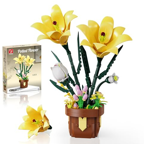TYCOLE Botanical Lily Flower Building Kit, Artificial Potted Plant Building Blocks Set, DIY Decorative Flowers for Home Decor & Gift, Compatible with Major Brands, for Kids,Girls& Adults Ages 6+