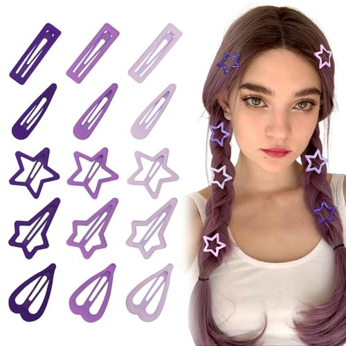Aribliseza barrettes à cheveux, 15 petites pinces à cheveux, clips violets, finition mate de haute qualité, géométriques/étoiles/cœurs/gouttes