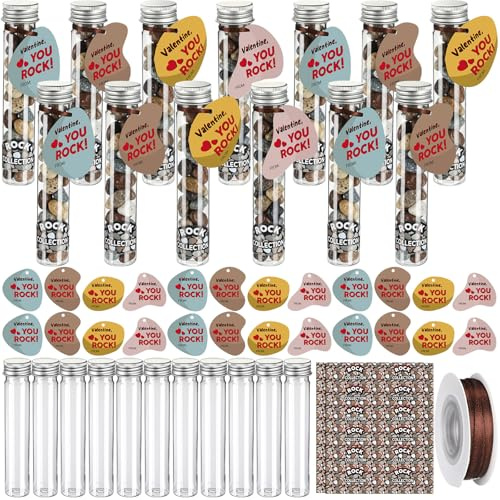 Seenelling 24 Pcs Valentines Day Gift with Heart Card Bulk Plastic Chocolate Rocks Candy Containers Tubes Inspirational You Rock Gifts for Valentines Party Favors Classroom Prizes Gift Exchange