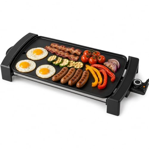 TANGZON Electric Griddle, Nonstick Flat Top Grill with Adjustable Temperature, Removable Drip Tray & Cool-Touch Handles, Indoor Countertop Griddle for Pancakes, Eggs, Bacon (2150W, 55×25×8cm)