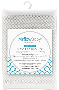 AirflowBaby Mesh Crib Liner for Full-Size Slatted Cribs, Lightweight 2mm Mesh Panels, Helps Reduce Slipping Through Crib Slats, Machine Washable, White, 9 inch (Pack of 1)