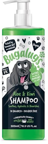 BUGALUGS Beruhigendes Shampoo für Hunde, Aloe Vera & Kiwi, 500 ml, natürliche Feuchtigkeit, empfindliche Haut, gesunder Glanz, frischer Duft, sanfte Reinigung, alle Arten von Fell – häufiger Gebrauch