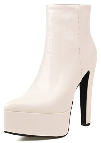Bviennic Damen Stiletto Party Pointed Toe Stiefeletten Plateau Hochzeit Warm Kleid Höhe Ferse Winter Stiefeletten Lack Beige Gr 34 Eu