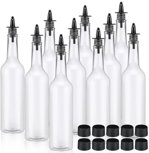 Tioncy 10 Sets 15oz Plastic Liquor Bottles with Pourers Sets 10 Plastic Long Neck Syrup Bottles with Pourer and Caps Reusable Leakproof for Home Party Bar(Black)