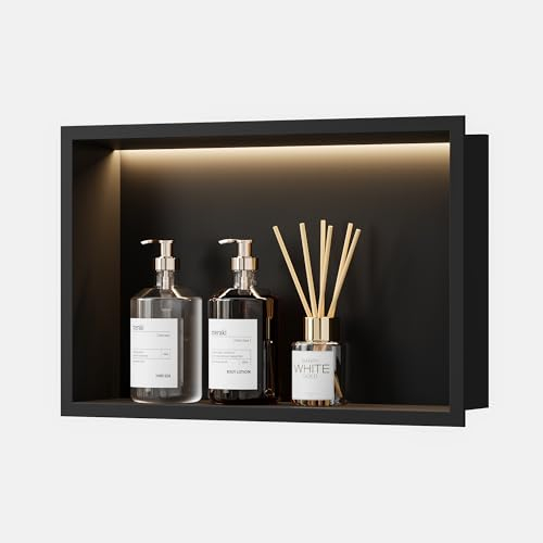 Neohomee Wandnische Dusche Edelstahl mit LED-Licht, Eingebettete Duschnische Schwarz Einzelregal Lagerung für Badezimmer, 45 x 30 cm