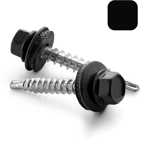 VOOXA - 200 viti autofilettanti in lamiera trapezoidale, 4,8 x 20 cm, con rondella di tenuta EPDM, acciaio zincato RAL9005 nero, testa esagonale SW8