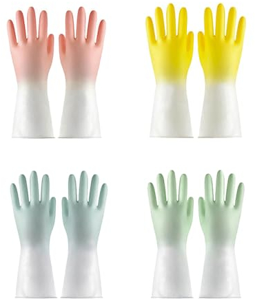 4 Pairs Reusable PVC Cleaning Gloves | Dishwashing/Washing Up Gloves with Waterproof for Kitchen/Bathroom/Garden