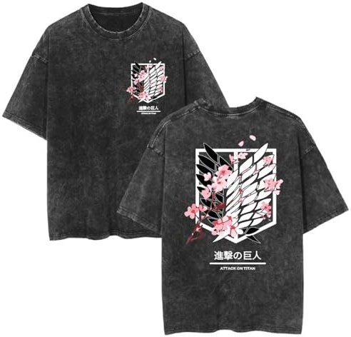 zhedu Gewaschene Neue Anime T-Shirts Mit AOT Grafik Übergroße Kurze Ärmel Trendige Atmungsaktive T-Shirts Mit Beidseitigem Druck Und Überschnittenen Schultern (M,Color 01)