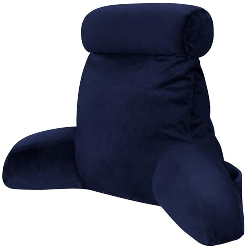 Reading Pillow Bed Backrest Pillow, Adult Bed Cushions with Arms for Sitting up in Bed Back Support Pillow with Headrest & Pockets, Washable Cover and Detachable Neck Roll (Navy Blue, Medium)