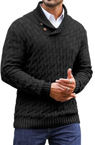Zaitun Mens Knitted Jumper Button Turtle Neck Tops for Men Warm Long Sleeve Sweater Casual Winter Pullover Black