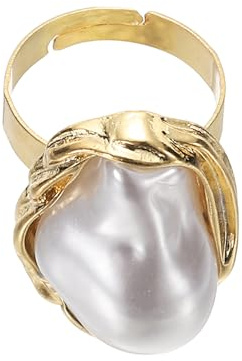 sourcing map Pearl Ring for Women Irregularity Adjustable Faux Pearl Finger Ring Open Vintage Statement Stacking Jewelry, Light Golden, White