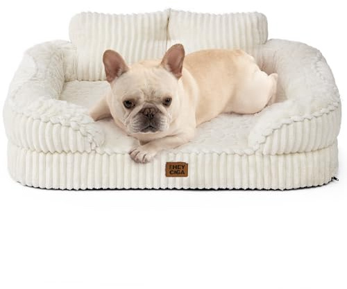 EHEYCIGA Panier Chien Grande Taille avec Dossier Haut, 76x51cm, Beige | Mémoire de Forme Orthopédique, Bords Rembourrés, Déhoussable Lavable, Imperméable, Antidérapant, Tissu Doux, Design Moderne.