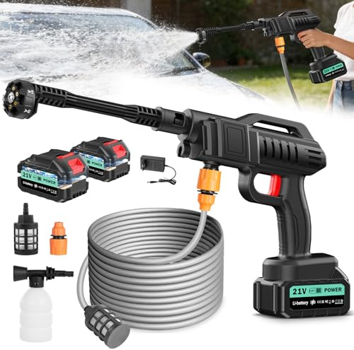 Hidrolimpiadora Inalámbrica,80Bar Hidrolimpiadora de Alta Presión,Portátil Pistola de Agua a Presión con 2×3.0Ah Baterías,Boquilla 6 en 1,Manguera 5m,para Coche Cerca Piso Limpieza Riego