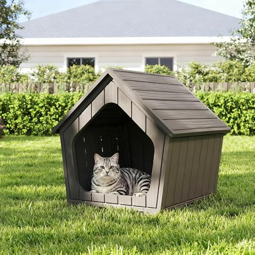 GULAIMOAO Outdoor Cat House, Cat Houses for Outdoor Indoor Cats, Outside Cats House Weatherproof with Air Holes, Resin Insulated Material, Easy to Clean and Install, Coffee