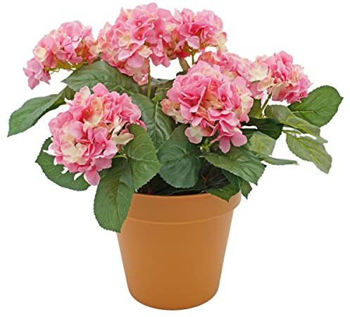 GreenBrokers Bouquet de Fleurs artificielles d'hortensia Rose de qualité supérieure dans Un Pot Couleur Terre Cuite (50 cm) avec Neuf grappes de Fleurs pour la Maison ou l'extérieur