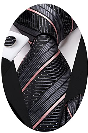 Hi-Tie Silk Ties Set for Men Grey Pink Plaid Paisley Striped Mens Necktie Pocket Square Cufflinks Set Formal Wedding Party
