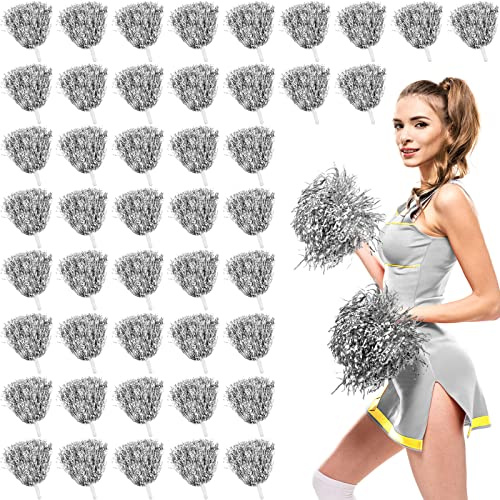 Jerify 60 Pcs Silver Cheerleading Pom Poms Bulk Metallic Foil Cheer Squad Spirited Pompoms with Baton Handle Plastic Cheering Pompom for Sports Football Basketball Cheering Team Spirit Dance Party