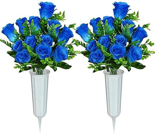 SIFOEL Artificial Cemetery Flowers with Vase, Artificial Rose Bouquet Grave Memorial Flowers for Cemetery Headstones Decoration (Blue-2Pcs)