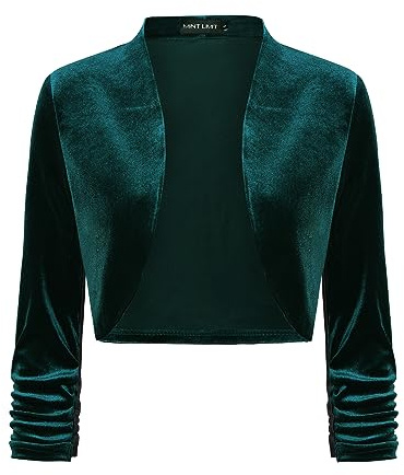 MINTLIMIT Velvet Bolero Cardiganss for Women 3/4 Sleeve Open Front Cropped Cardigans Soft Boleros Shrug Jackets for Evening Dresses (Dark Green - Size L)