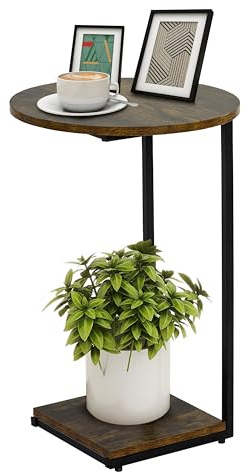 HDANI Tavolo a C, Tavolo da Divano,Tavolo da Letto,Tavolino Rotondo,Tavolino,Tavolino con Struttura in Metallo, Soggiorno, Salotto (Marrone Vintage, 40×40×60CM)
