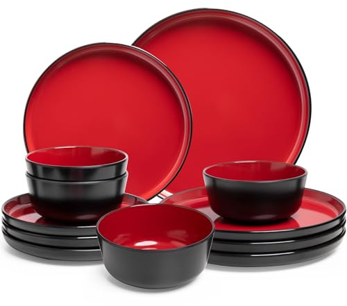 ZAROCRUS 12-piece Dinnerware Sets Service for 4 - Dinner Plate, Dessert Plates, Cereal Bowls, Lightweight Melamine Plates and Bowls Sets, RV, Kitchen Dishes for Outdoor Use, Red and Black