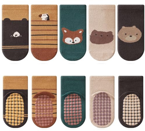 Kyopp 5 Paar Stoppersocken Baby Kleinkinder ABS rutschfeste Socken Tiermotive Kindersocken Animals Baumwolle Crew Socks