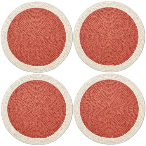 Encasa XO Placemats, Round Cotton Handcrafted Mats 32 cm Coral | Handcrafted Coiled Rope Cotton | Ribbed Texture | Non-Slip Heat Protection | Machine Washable | Set of 4