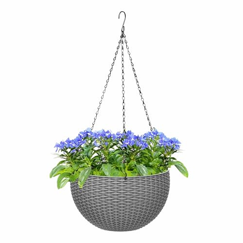 ADEPTNA Beautiful Rattan Effect Hanging Planter – 26cm (10) Hanging Basket | Decorative Plant Pot for Home, Garden & Patio | Stylish Flower Bowl for Indoor & Outdoor Use (GREY)