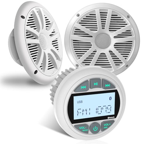 Marine Stereo with 6.5-Inch Speakers Package: Waterproof Bluetooth Boat Gauge Radio - LCD Display AUX USB MP3 Subwoofer AM FM Receiver for ATV UTV RZR Golf Cart