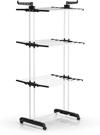 EASYmaxx Stendibiancheria pieghevole | asciugatura efficiente con 3 livelli, 2 ali laterali e struttura leggera, salvaspazio, versatile e mobile per interni ed esterni, nero/bianco