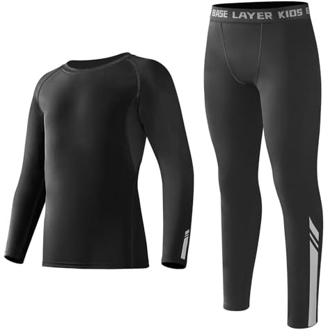 Base Layer Kids – Set di intimo termico traspirante per bambini, con strisce riflettenti, a maniche lunghe, a compressione, foderate in pile, per calcio, hockey, colore nero, Nero , 4-6 Years / SIZE