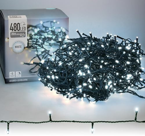 ECD Germany Guirnalda Luminosa 36m 480 LED Blanco Frío para Interior y Exterior, Cadena de Luces Navideña con Temporizador y 8 Modos de Iluminación, Alimentación Eléctrica, IP44 para Árbol de Navidad