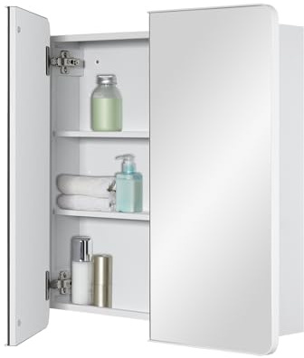 Fundin Bathroom Mirror Medicine Cabinet with Storage - Double Door, Metal Framed Round Corner, Adjustable Shelves, Matte White, Surface Mount Wall Mounted - 60 x 65 cm