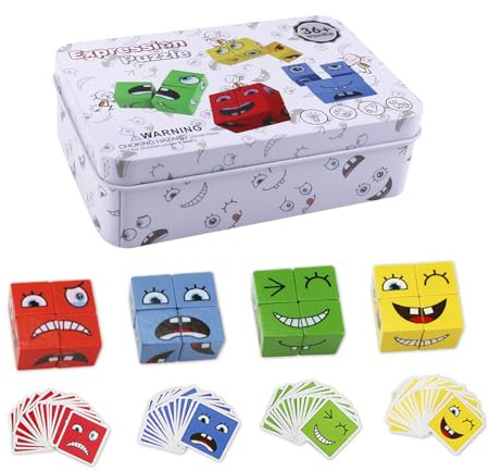 Wooden Face Changing Magic Cube Game, 3D Puzzle Face-Changing Magic Cube, Emoji Games Educational Puzzles Toy Board Games for Kids Christmas Birthday for Kids Adults Family Children 3+ year olds