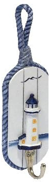 SEASIDE Maritime Garderobenhaken Set, Holz-Polyresin, Blau-Weiß, 21,5 x 7 x 5 cm, Leuchtturm, Rettungsring und Segelboot Motive, Nautischer Stil mit Tau-Aufhängung (Leuchtturm)