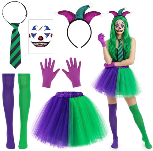 6PCS Halloween Costume Joker Donna, Cerchietto Clown Tatuaggi Joker Viso Cravatta Guanti Calze Al Ginocchio Gonna Tutu, Halloween Costume Clown Donna Costumi Carnevale Pagliaccio per Feste di Cosplay