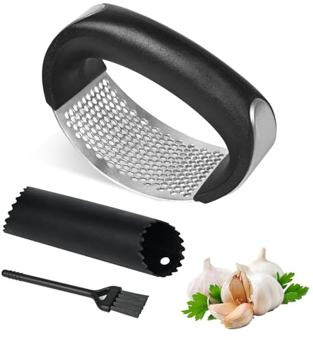 Stainless Steel Garlic Press Rocker Set, Kitchen Garlic Crusher Mincer with Garlic Peeler & Cleaning Brush Ergonomic Easy Squeeze Garlic Tool for Smashing Garlic