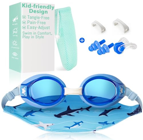Pixel Panda Kids Goggles with Fabric Strap for 3-14, No Hair Pulling, Kids Swim Goggles for Boys Girls Toddler, Ideal for Swim Class, Blue