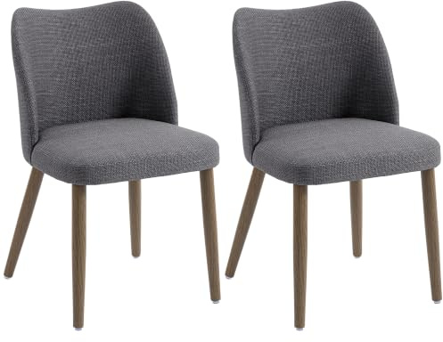 HOMCOM Dining Chairs Set of 2 Linen Upholstered Kitchen Chairs, Dark Grey | Modern Style, Padded Seat, Curved Backrest, Rubberwood Legs, Dining Room Bedroom Living Room, Easy Assembly