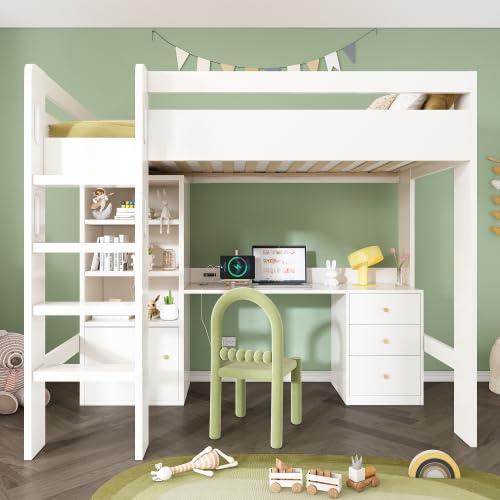 Merax Bunk Beds for Kids – White Loft Bed 90x190 cm High Sleeper Bed with Desk, Bookshelf & Filing Cabinet, Desk