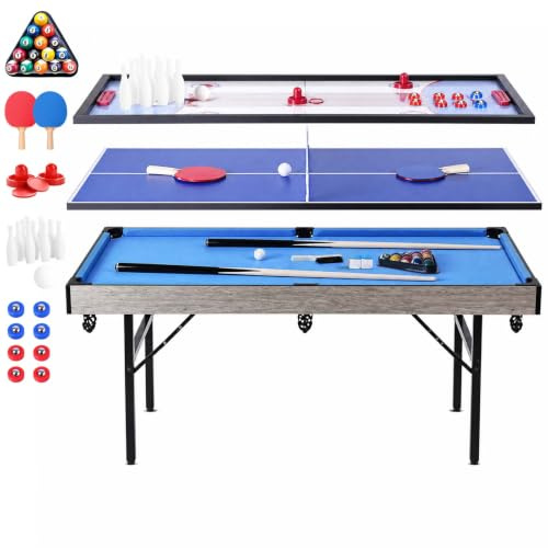 5FT 5in1 Folding Multi Game Table Pool Hockey Ping Pong Shuffleboard silver
