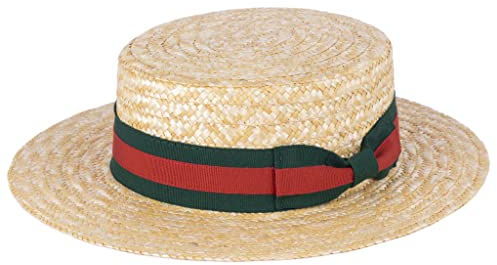 ZAKIRA Chapeau de Canotier en Paille Fait à la Main (Bande Verte - Rouge, L)