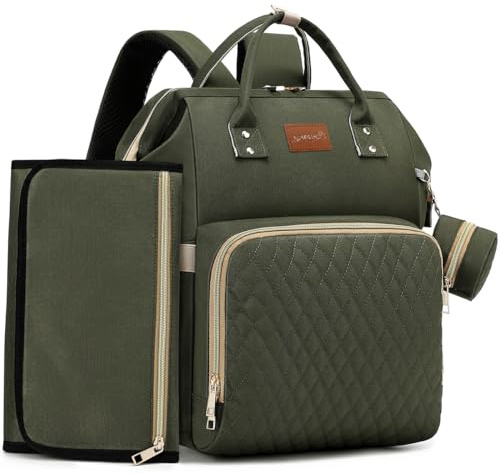 ROSEGIN Baby Changing Bag Backpack, Large Waterproof Nappy Baby Bag for Mum & Dad – Multifunction Diaper Bag with Changing Mat, Buggy Clips & Dummy Holder, Green